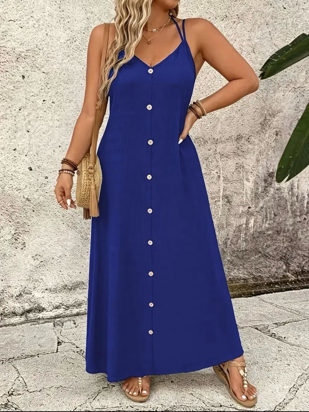 Blue Button-Front Maxi Dress